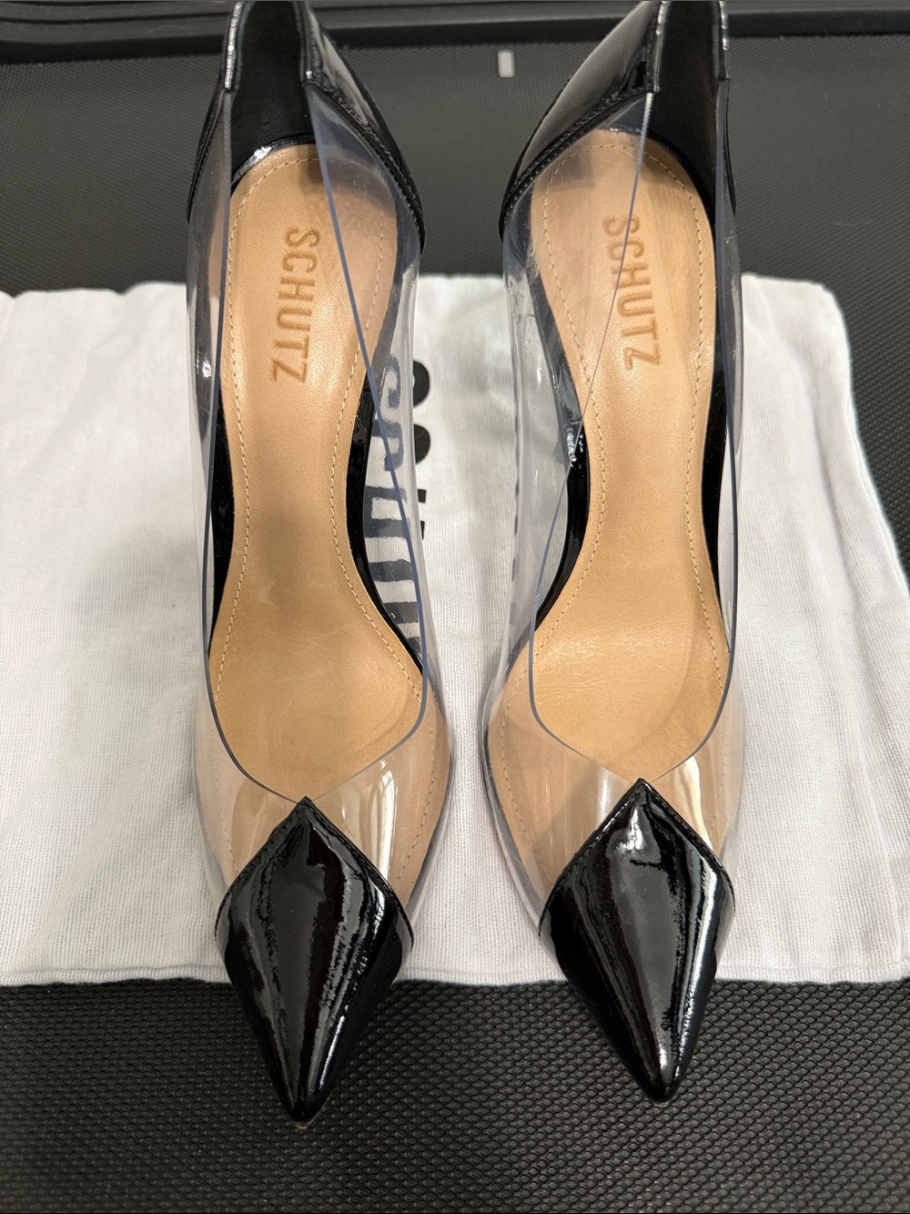 SCHUTZ Black Patent Cendi Pumps Pointed Toe Clear Panel Heels - sz 8 - Picture 5 of 13